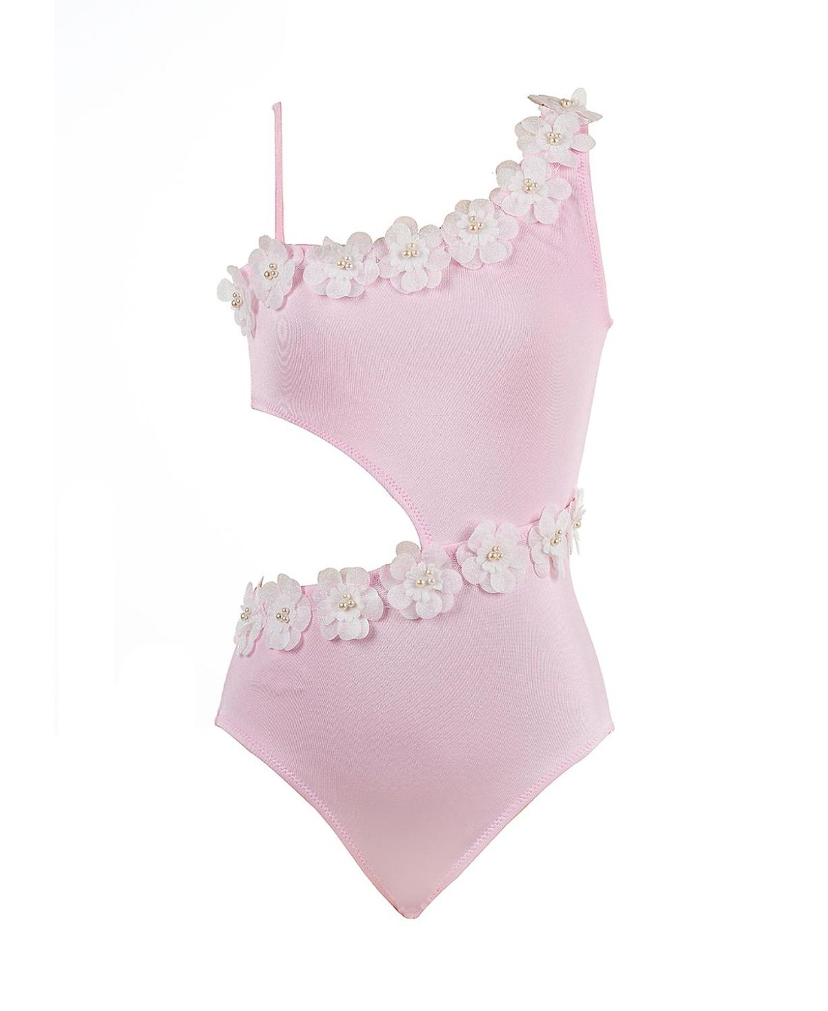 Nessi Byrd Girls' Asymmetric Side Cut-Out 3D Floral & Pearl Hardware One-Piece Swimsuit - Little Kid, Big Kid