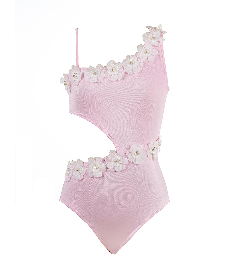 Nessi Byrd Girls' Asymmetric Side Cut-Out 3D Floral & Pearl Hardware One-Piece Swimsuit - Little Kid, Big Kid
