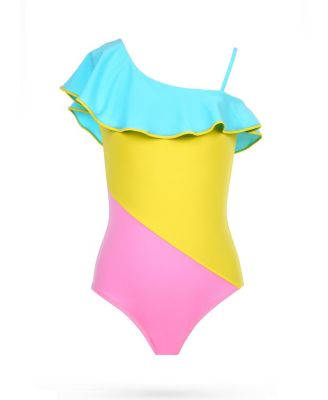 Girls' One-Shoulder Ruffled Tri-Color One-Piece Swimsuit - Little Kid, Big Kid