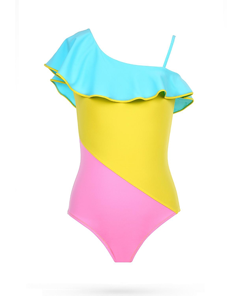 Nessi Byrd Girls' One-Shoulder Ruffled Tri-Color One-Piece Swimsuit - Little Kid, Big Kid
