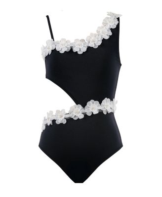 Nessi Byrd Girls' Asymmetric Side Cut-Out 3D Floral & Pearl Hardware One-Piece Swimsuit - Little Kid, Big Kid