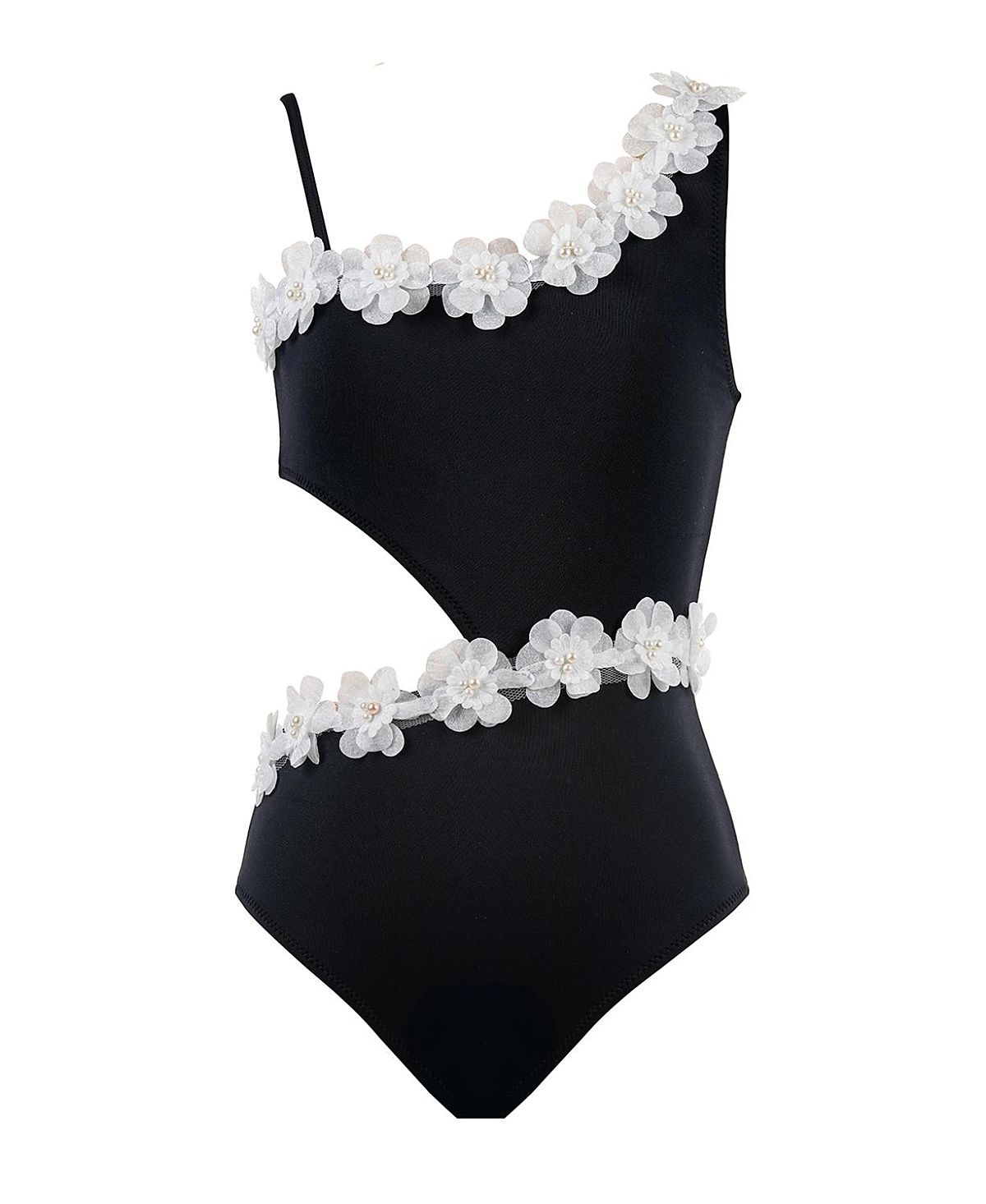 Nessi Byrd Girls' Asymmetric Side Cut-Out 3D Floral & Pearl Hardware One-Piece Swimsuit - Little Kid, Big Kid