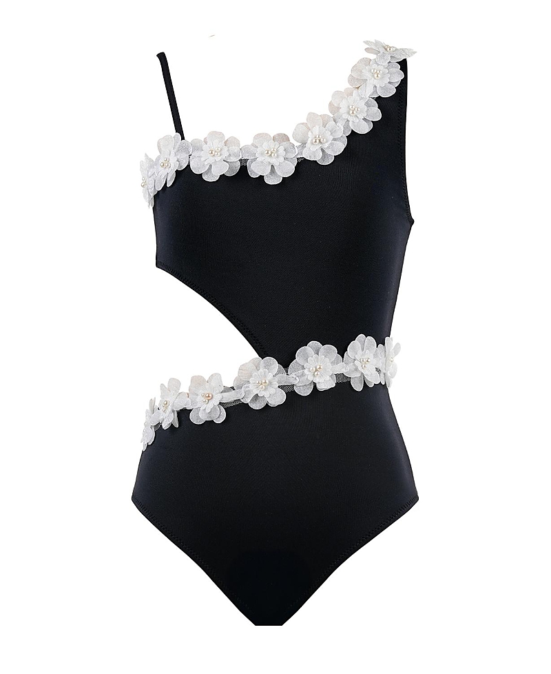Nessi Byrd Girls' Asymmetric Side Cut-Out 3D Floral & Pearl Hardware One-Piece Swimsuit - Little Kid, Big Kid
