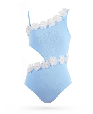Nessi Byrd Girls' Asymmetric Side Cut-Out 3D Floral & Pearl Hardware One-Piece Swimsuit - Little Kid, Big Kid