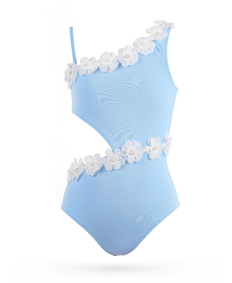 Nessi Byrd Girls' Asymmetric Side Cut-Out 3D Floral & Pearl Hardware One-Piece Swimsuit - Little Kid, Big Kid