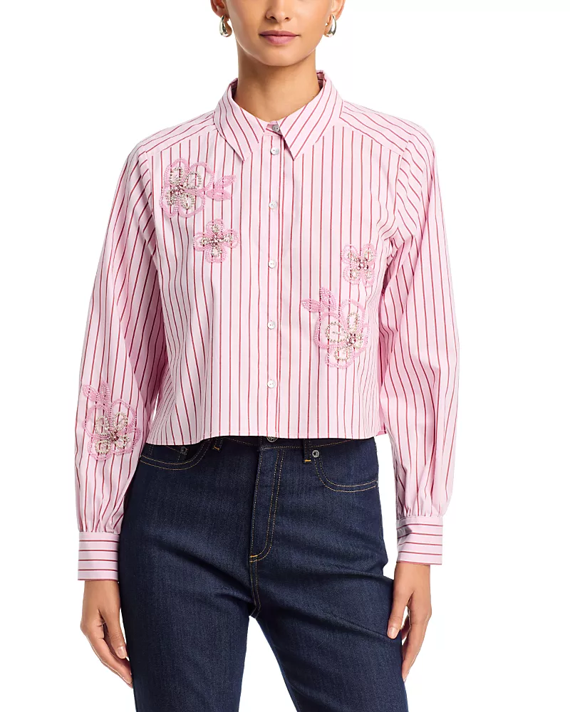 Cinq a Sept Stripe Beaded Floral Top