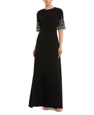  Petite Black Crepe A Line Gown With Beaded 3/4 Sleeves