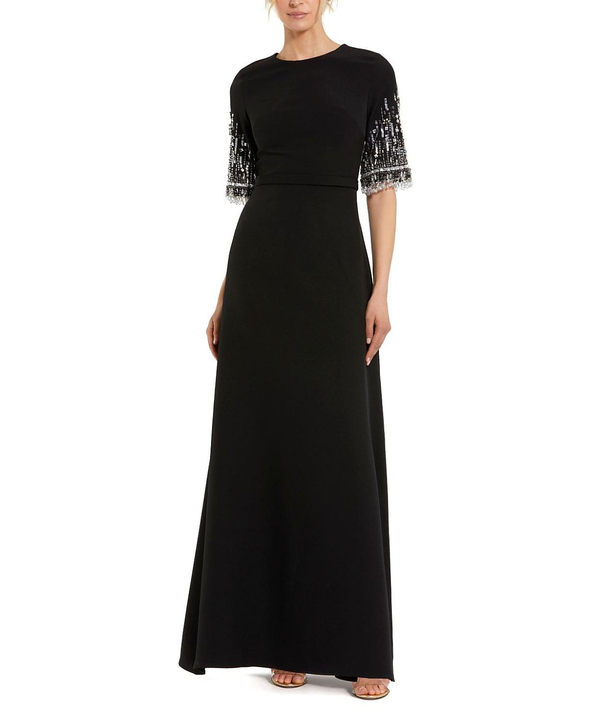 Mac Duggal Petite Black Crepe A Line Gown With Beaded 3/4 Sleeves