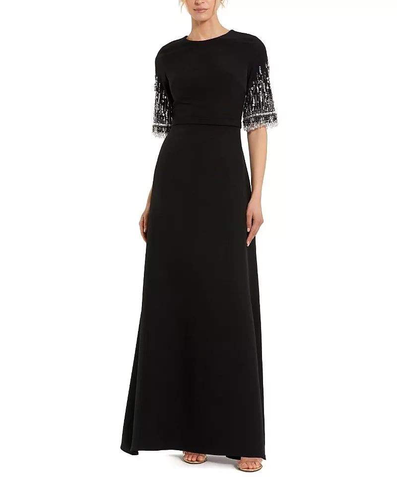 Mac Duggal Petite Black Crepe A Line Gown With Beaded 3/4 Sleeves