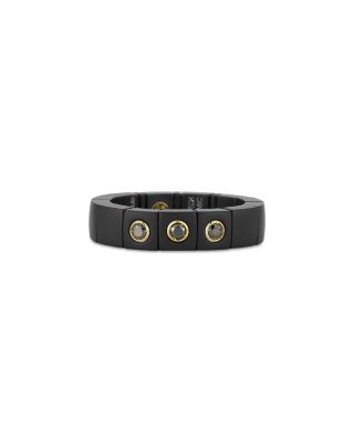 Men's 18K Yellow Gold Scacco Bezel Black Diamond Trio Ceramic Stretch Ring, 0.18 tcw
