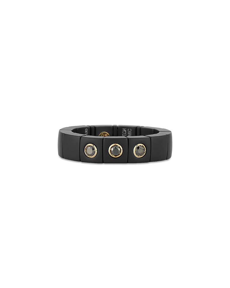 Demeglio Men's 18K Yellow Gold Scacco Bezel Black Diamond Trio Ceramic Stretch Ring, 0.18 tcw