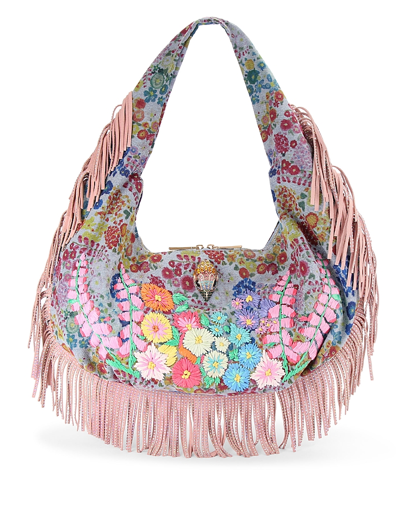 Kurt Geiger London Shoreditch Fringe Large Embroidered Denim Hobo Bag