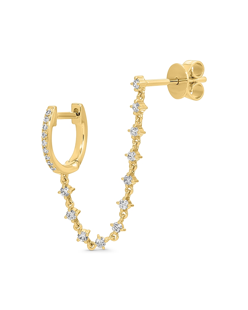 Ef Collection 14K Yellow Gold Diamond Mini Huggie & Prong Set Double Pierced Single Chain Earring, 0.17 tcw