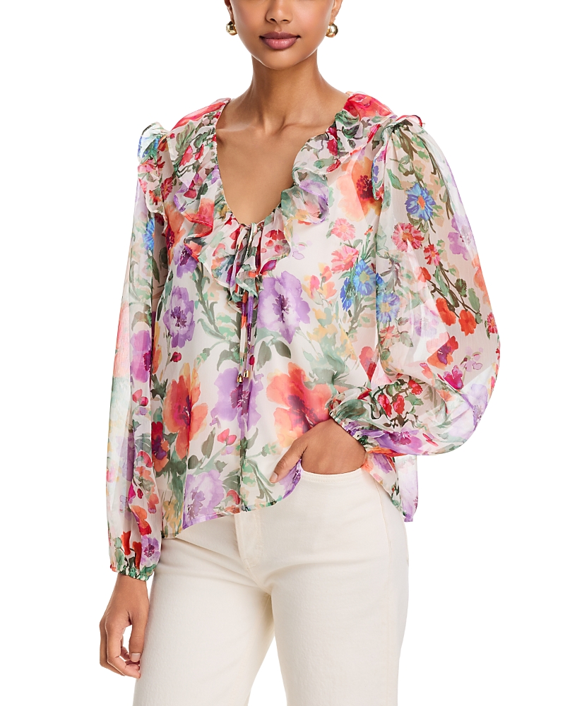 Aqua Floral Print Ruffle Neck Blouse - Exclusive