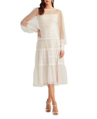 Tadashi Shoji Anaka Pleated Tulle Embroidered Midi Dress
