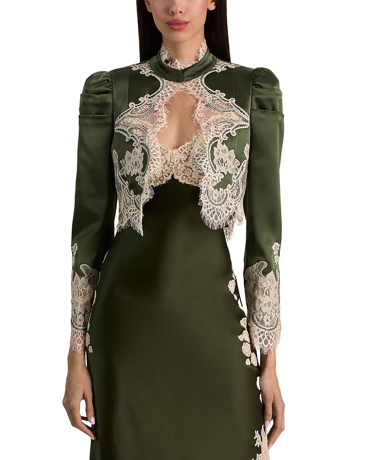 Alice and Olivia Thomasina Puff Sleeve Lace Trim Cropped Jacket