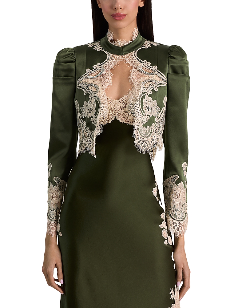 Alice and Olivia Thomasina Puff Sleeve Lace Trim Cropped Jacket