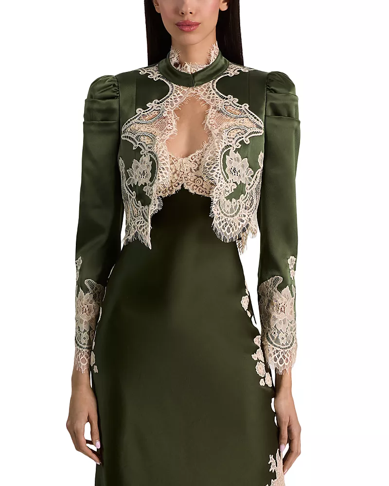Alice and Olivia Thomasina Puff Sleeve Lace Trim Cropped Jacket