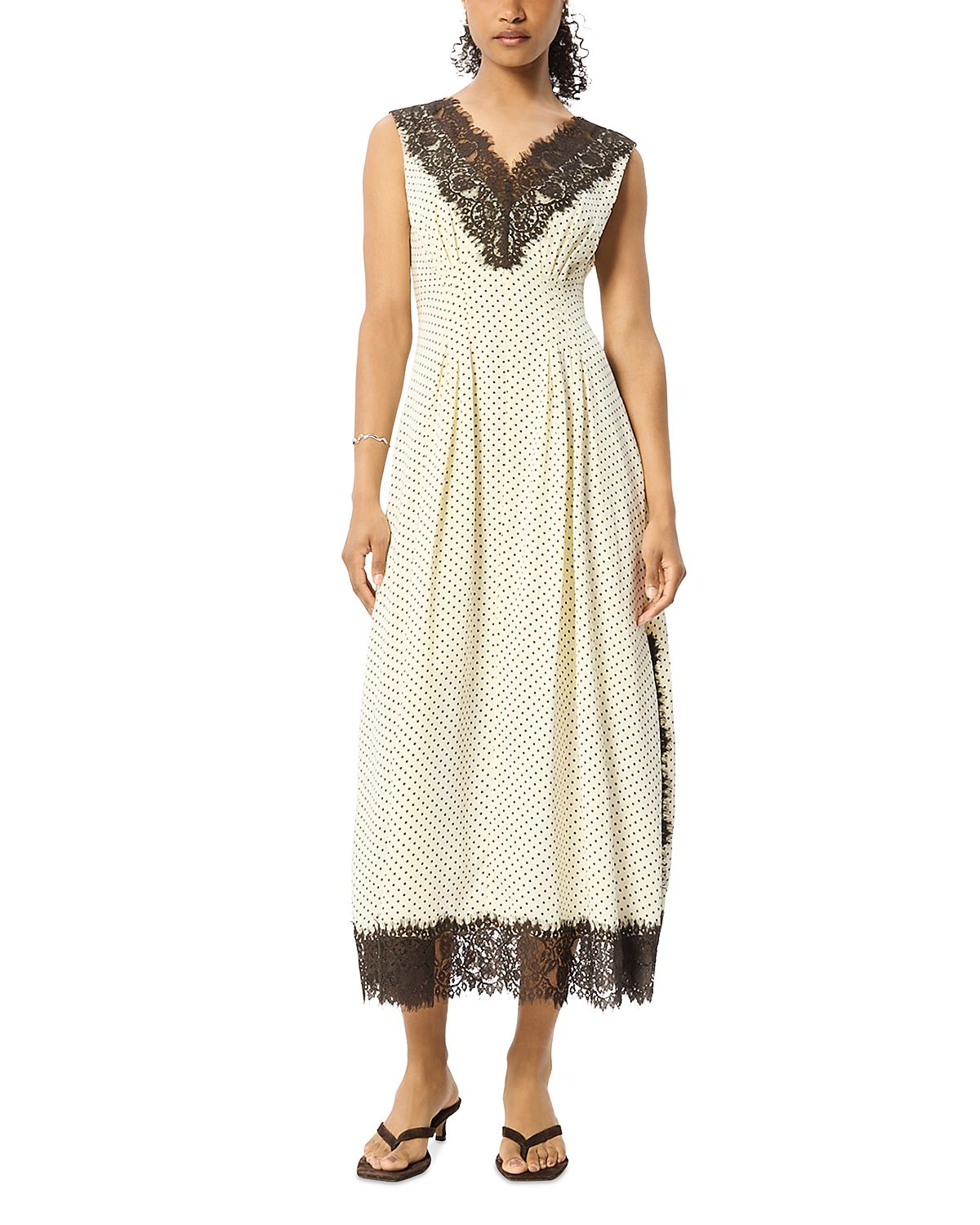 Whistles Lace Trim V Neck Spot Midi Dress