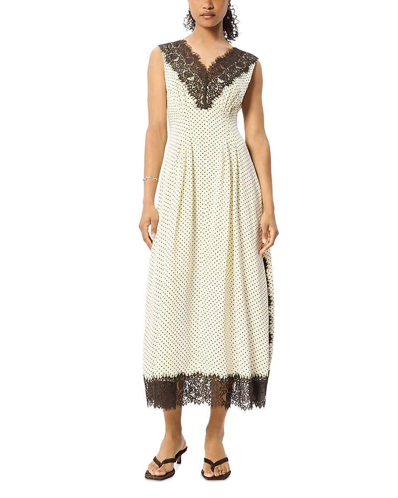 Whistles Lace Trim V Neck Spot Midi Dress