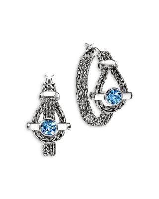Sterling Silver Icon Swiss Blue Topaz Halo Woven Hoop Earrings