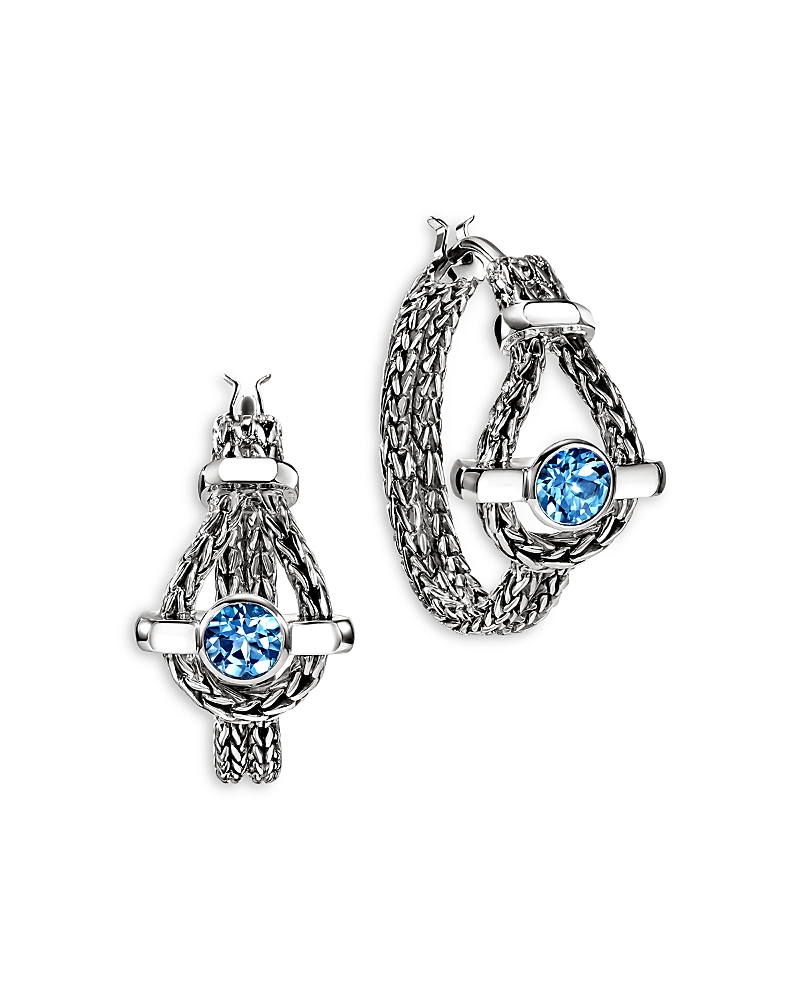 John Hardy Sterling Silver Icon Swiss Blue Topaz Halo Woven Hoop Earrings
