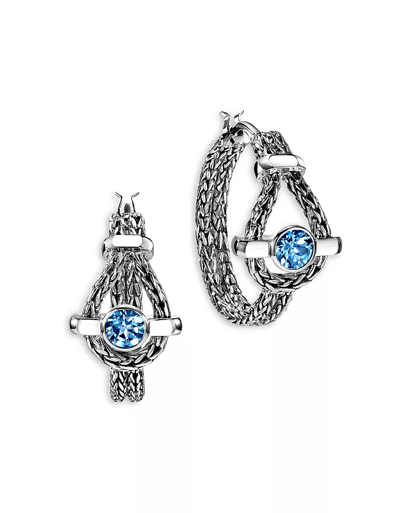 John Hardy Sterling Silver Icon Swiss Blue Topaz Halo Woven Hoop Earrings