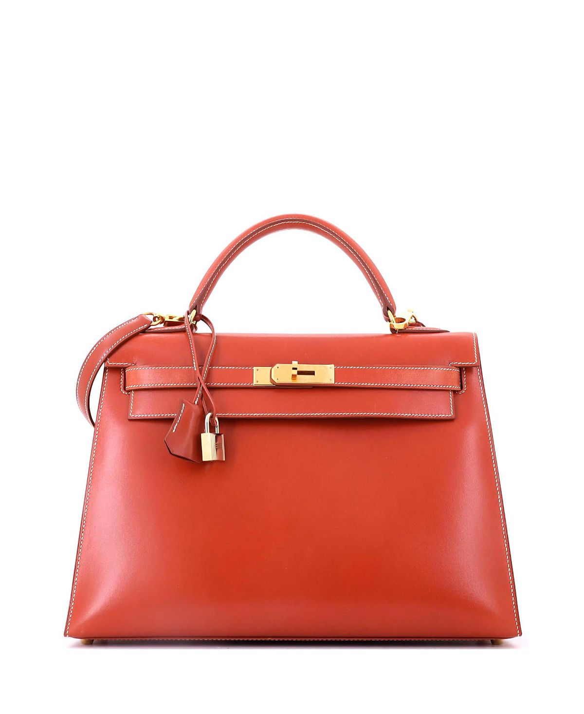 Pre-Owned HERMES Kelly 32 Handbag Orange Box Calf with Gold Hardware