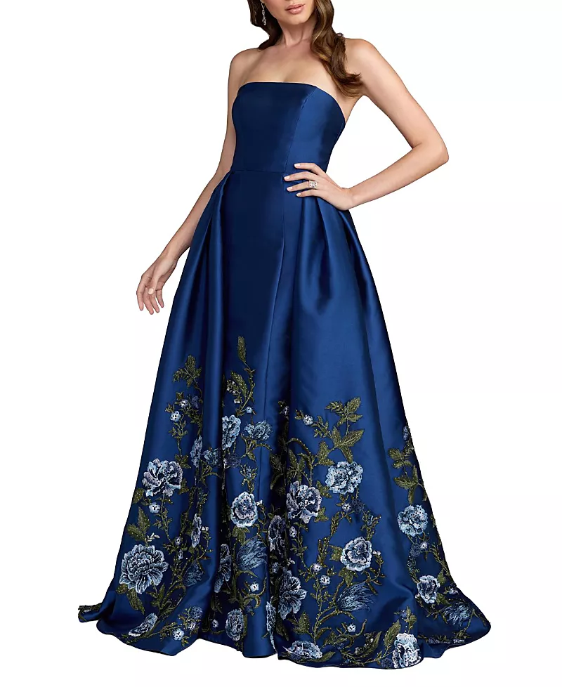 Mac Duggal Floral Embroidered Mikado Strapless Ball Gown