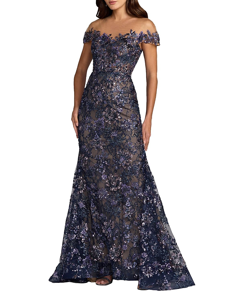 Mac Duggal Lace Mesh Illusion Neck Cap Sleeve Trumpet Gown