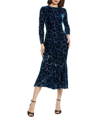 Mac Duggal Burnout Velvet Long Sleeve Ruffle Hem Midi Dress