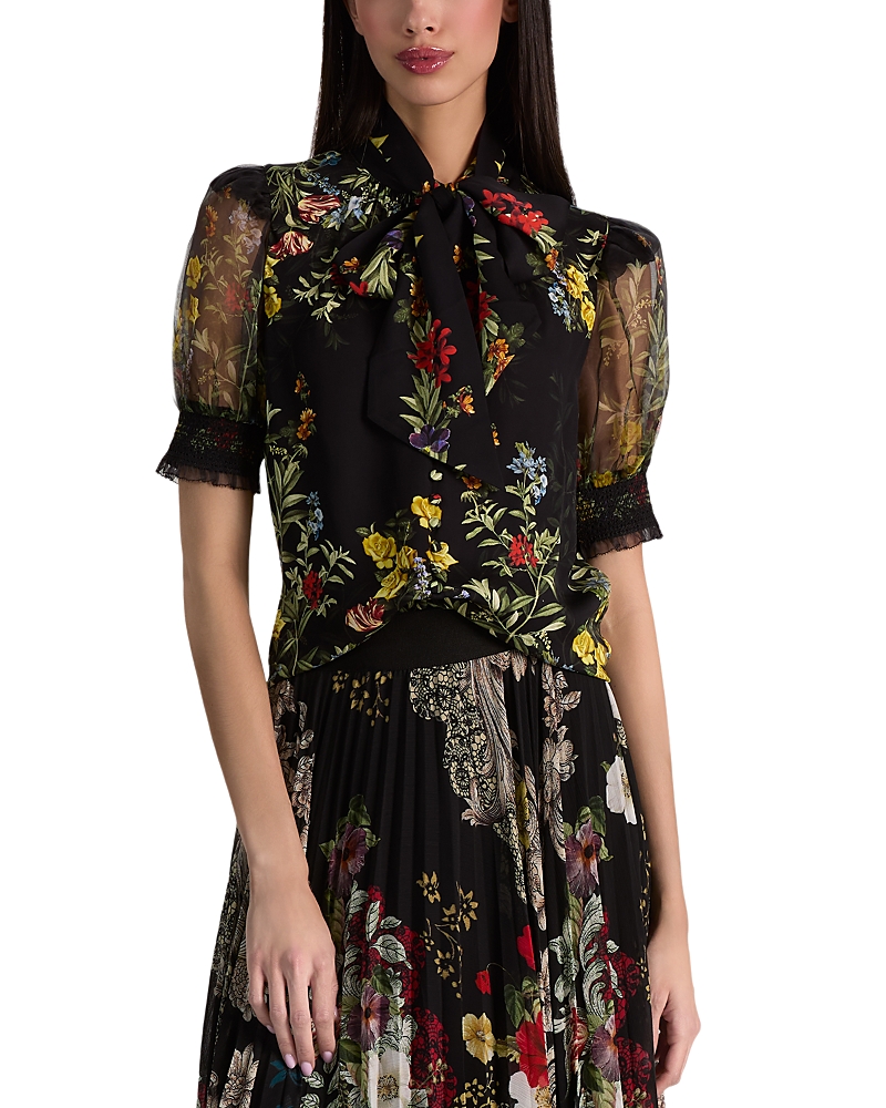 Alice and Olivia Brentley Tie Neck Puff Sleeve Blouse