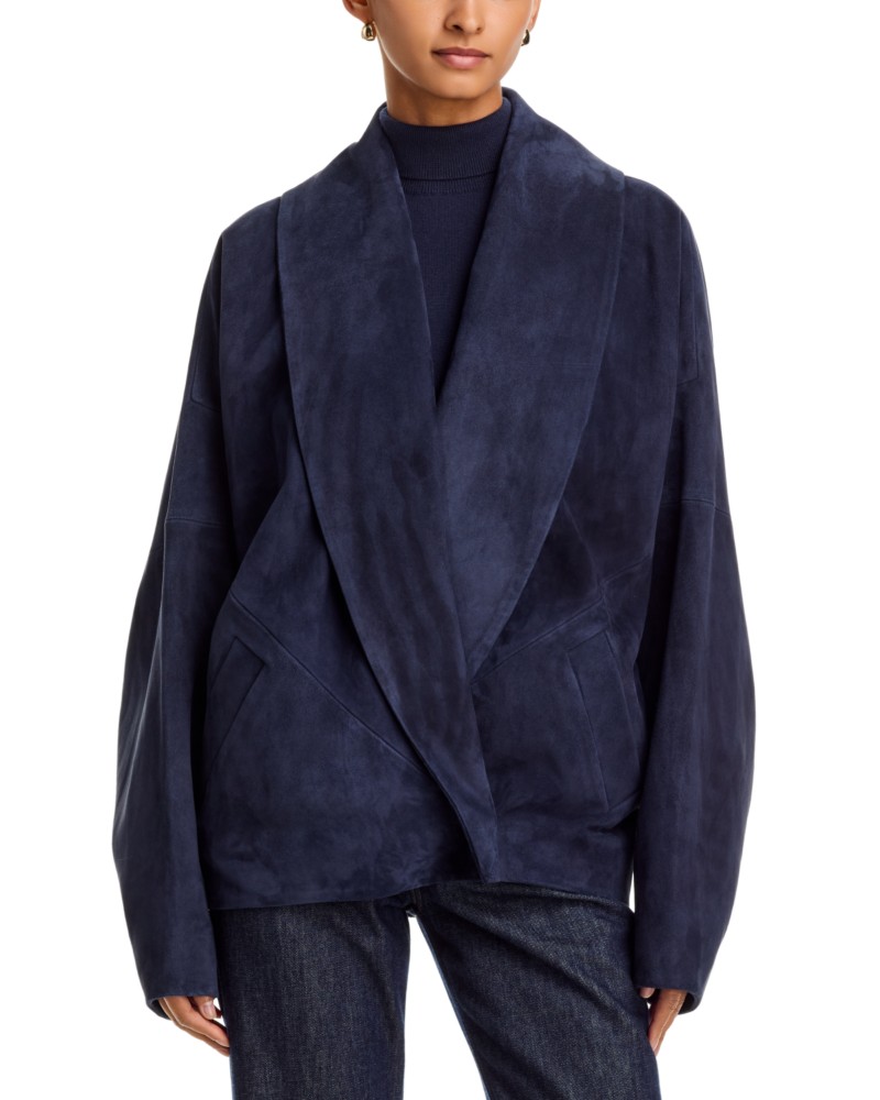 Co Leather Wrap Jacket in Navy