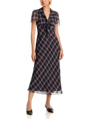 Plaid Tie Neck Short Sleeve Midi Dress - Exclusive