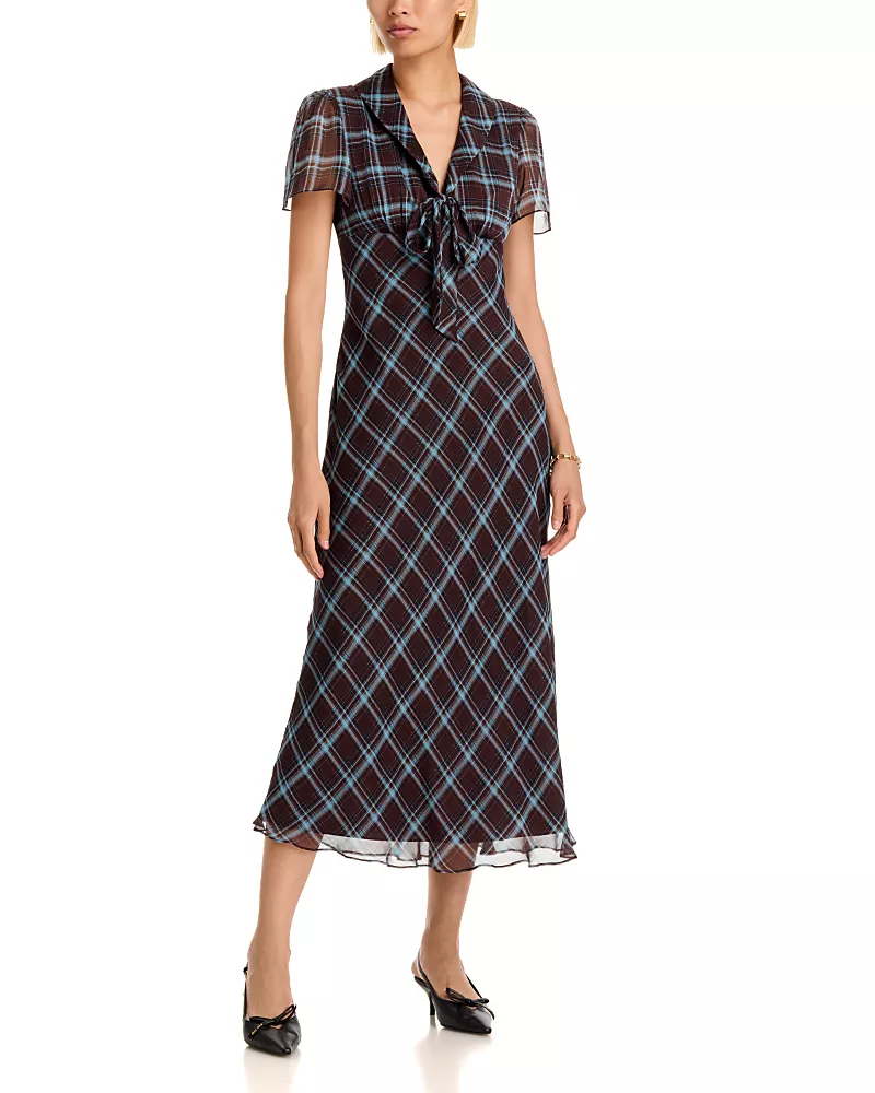 Aqua Plaid Tie Neck Short Sleeve Midi Dress - Exclusive