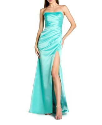  Strapless Gathered High Slit Gown
