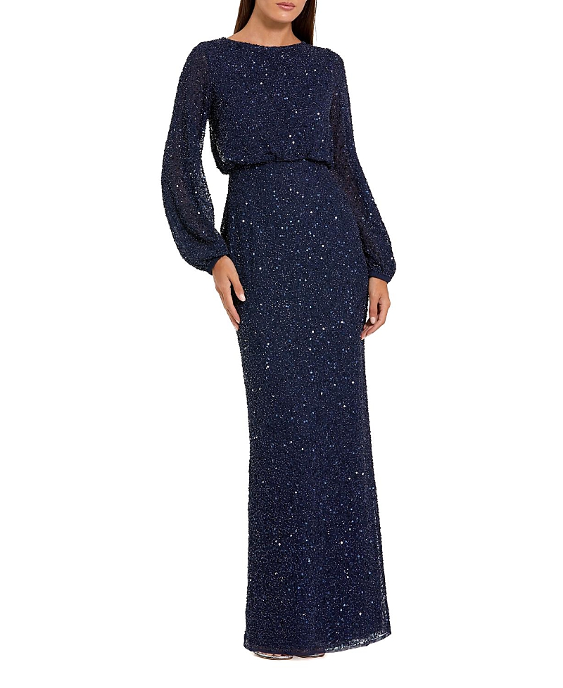 Mac Duggal Sequin Blouson Long Sleeve Gown