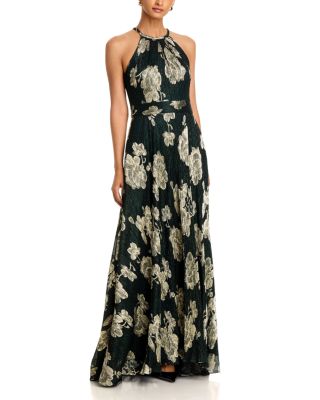 Metallic Halter Neck A Line Gown - Exclusive
