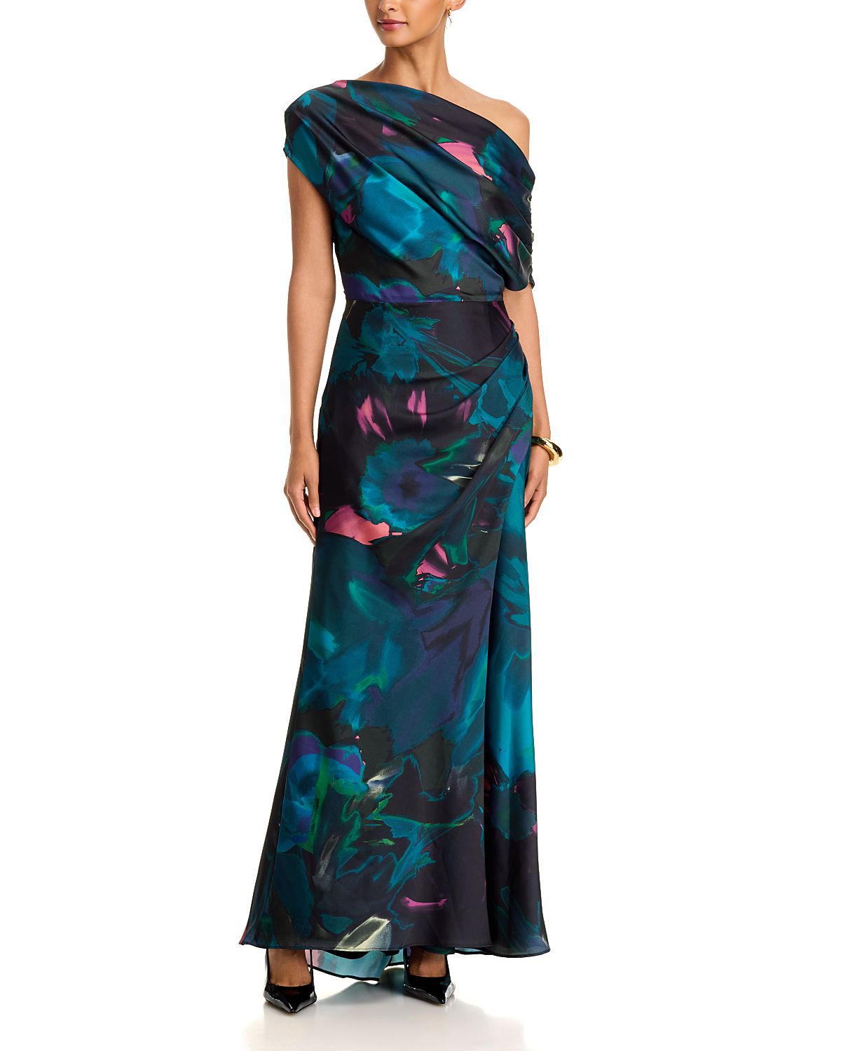 Aqua One Shoulder Satin Column Gown - Exclusive