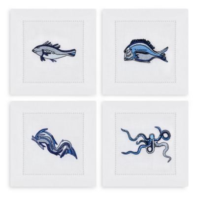 Marine Motif Embroidered Linen Napkins, Set of 4