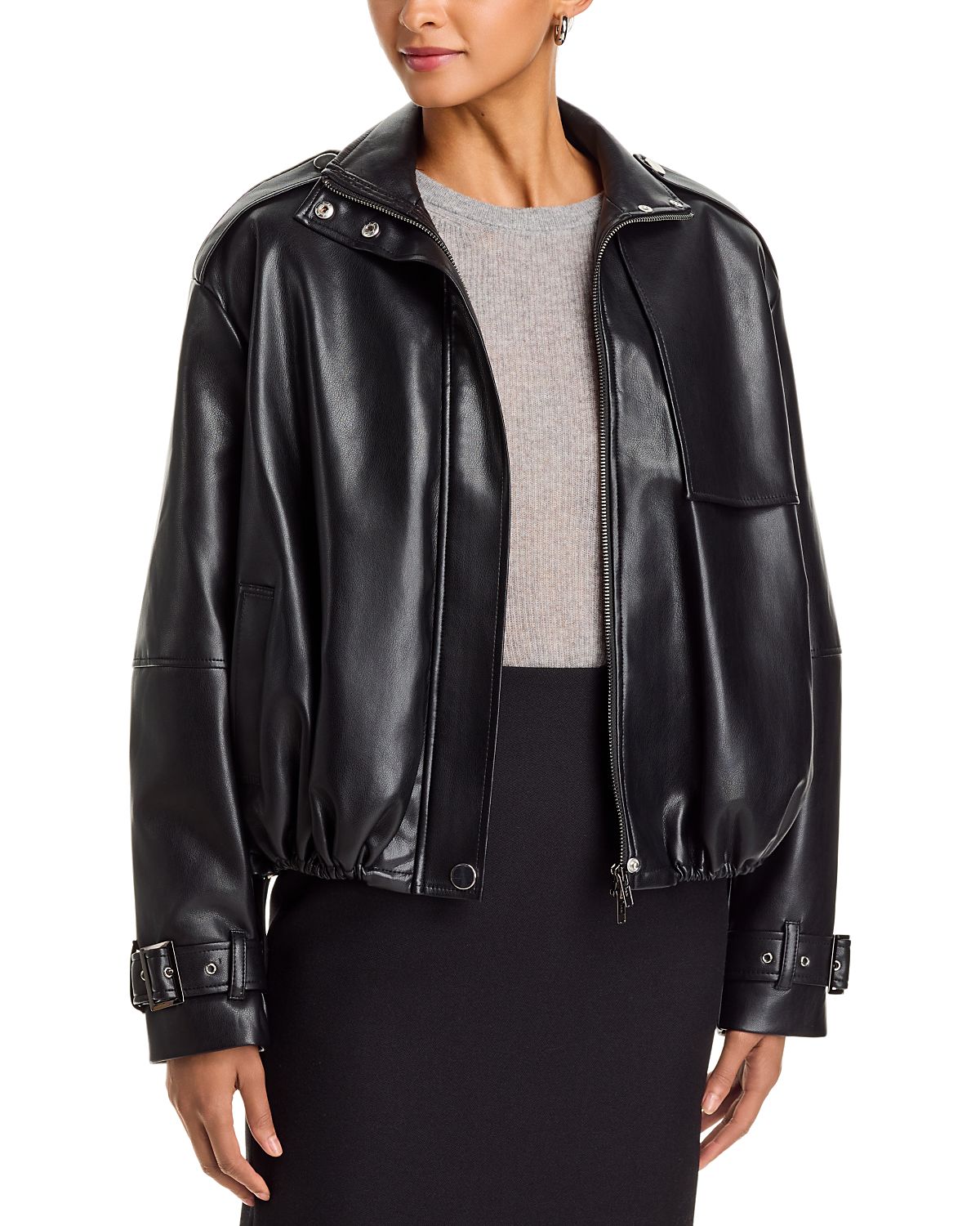 Toccin Alyssa Faux Leather Funnel Neck Bomber Jacket
