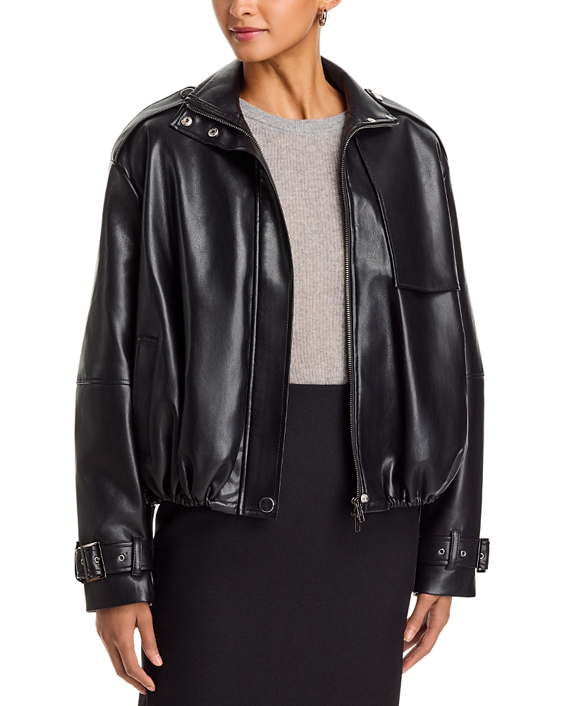 Toccin Alyssa Faux Leather Funnel Neck Bomber Jacket In Black