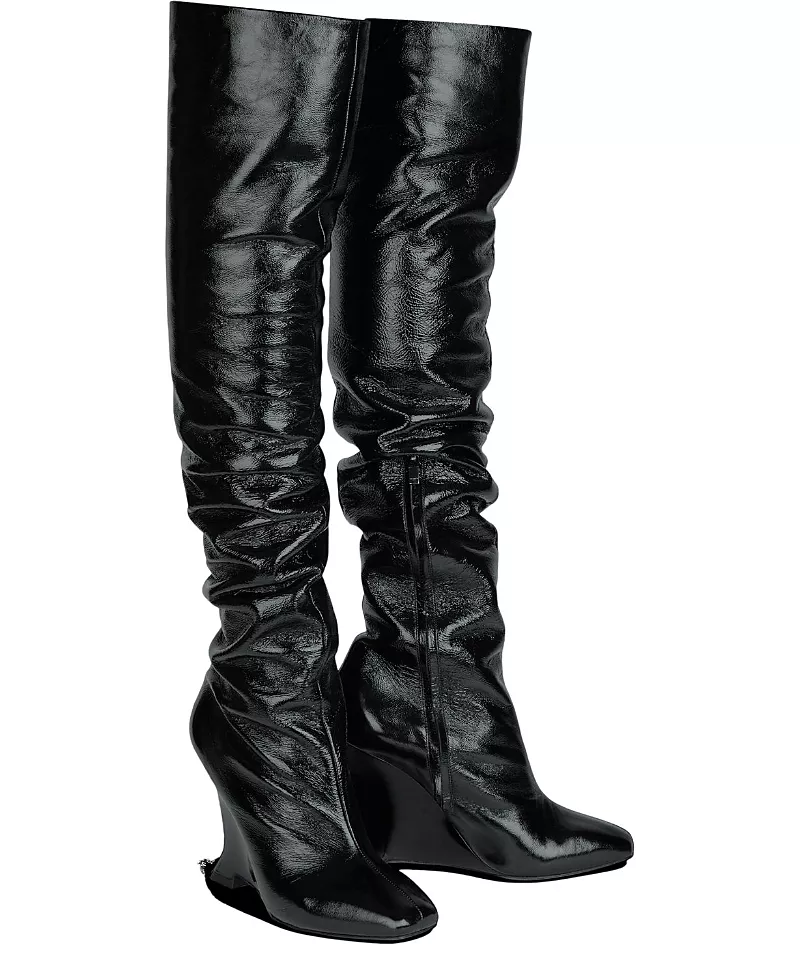 Balmain Women's Thigh-High Wedge Boots in Crinkled Patent Leather
