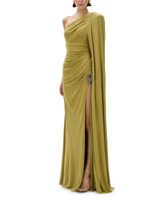 Rachel Gilbert Jordan Asymmetric Cape Sleeve Gown In Moss