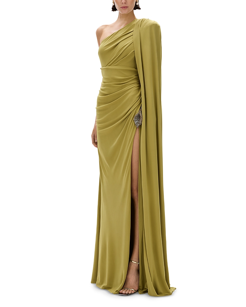 Rachel Gilbert Jordan Asymmetric Cape Sleeve Gown In Moss