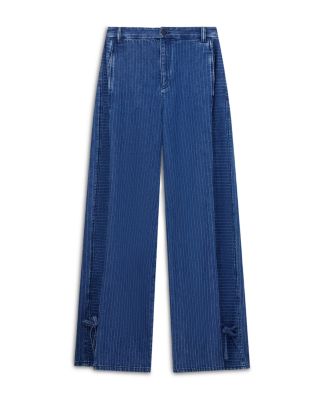 Oversized Pinstriped Jeans in Medium Blue Denim