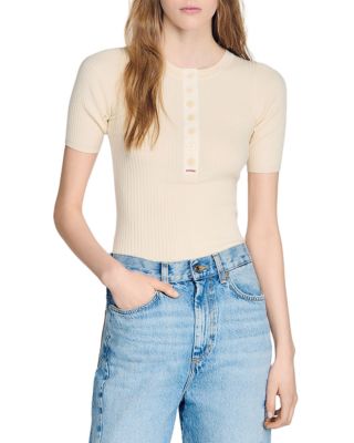 Sandro Calypsea Ribbed Round Neck Sweater In Neutral