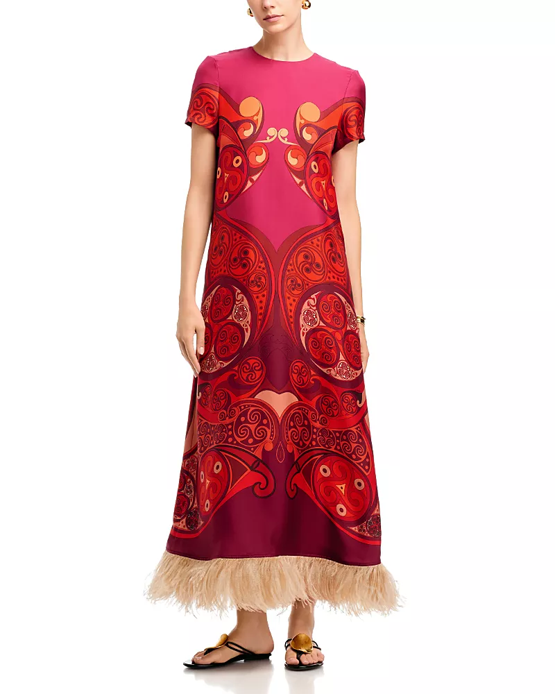 La DoubleJ Placee Swing Dress with Ostrich Feather Trim