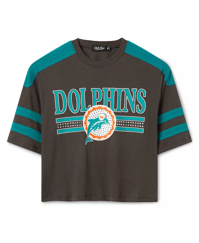 Junk Food Clothing Women's Miami Dolphins Striped Bling Crop Tee