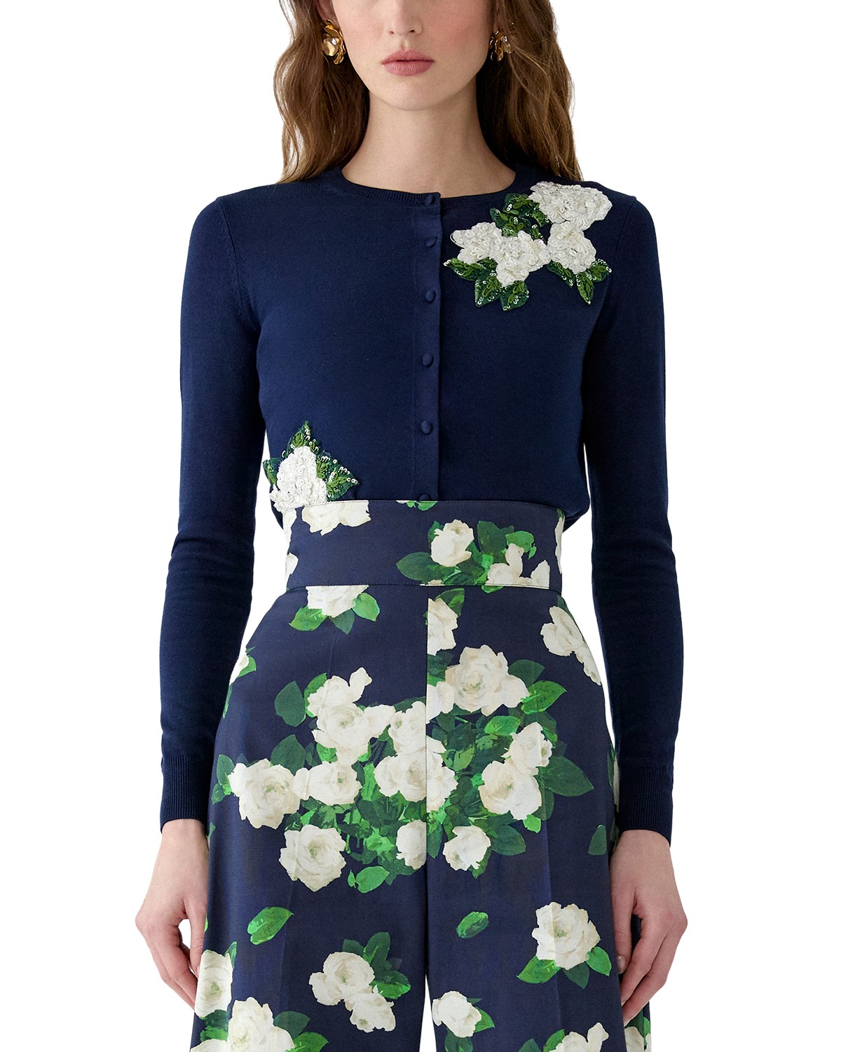 Carolina Herrera Embellished Long Sleeve Round Neck Cardigan in Midnight